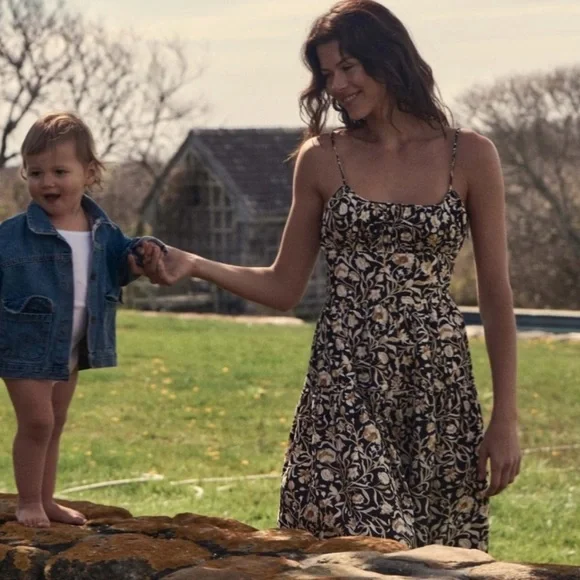 Doen Benoit Cotton Ruched Bust Midi Maxi Dress Noir Columbia Street Floral Black - Picture 2 of 14